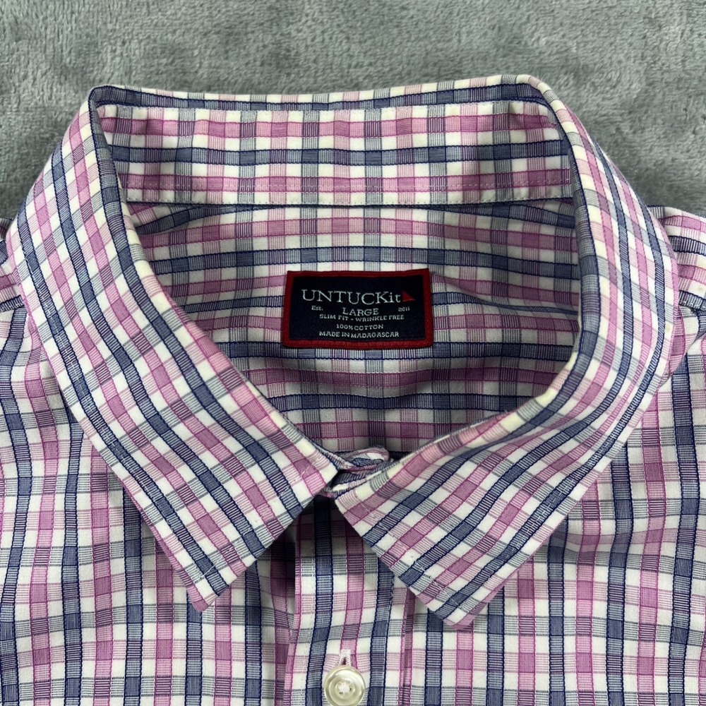UNTUCKit Dolcetto WF Slim Fit Shirt Large Pink Blue Plaid Wrinkle Free 01065